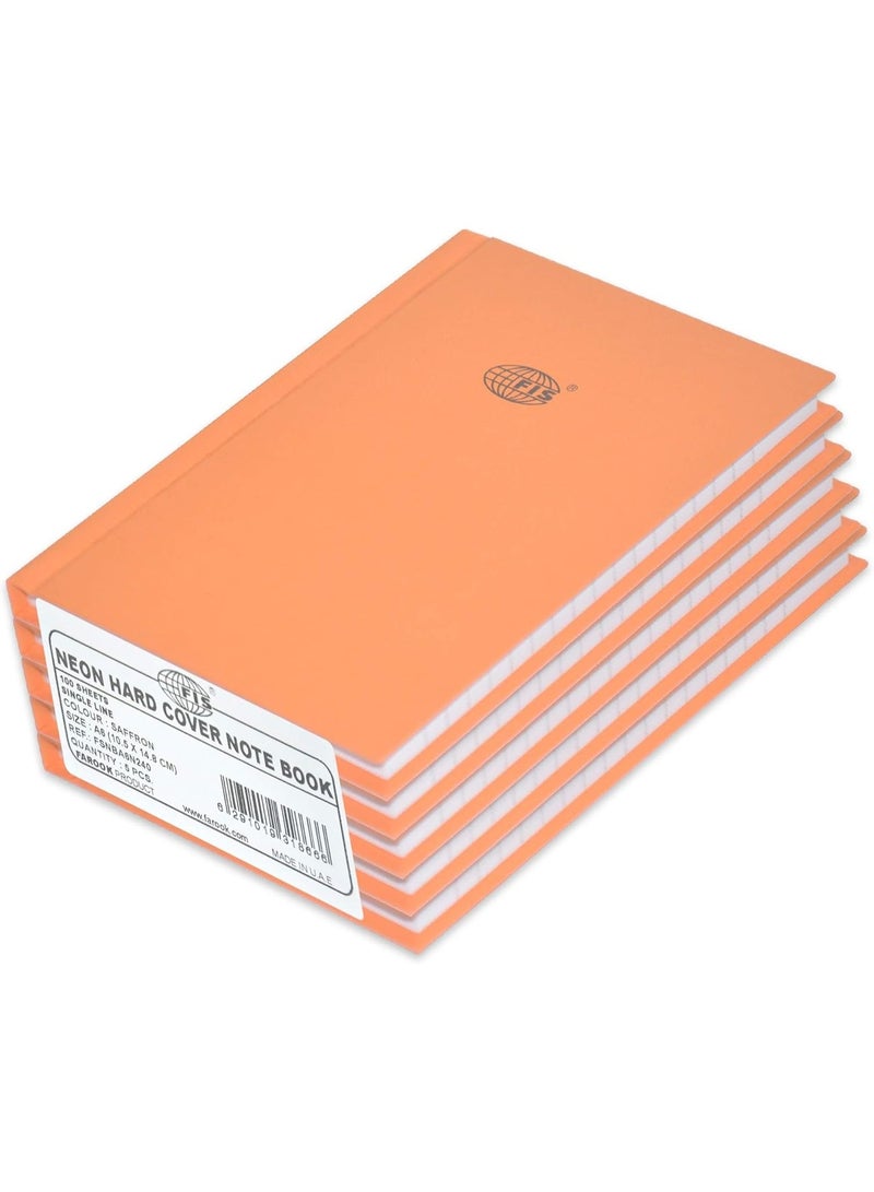 FIS 5-Piece Neon Hard Cover Note Book, 100 Sheets, Single Line, A6 Size, Saffron Colour - FSNBA6N240 - Image 1